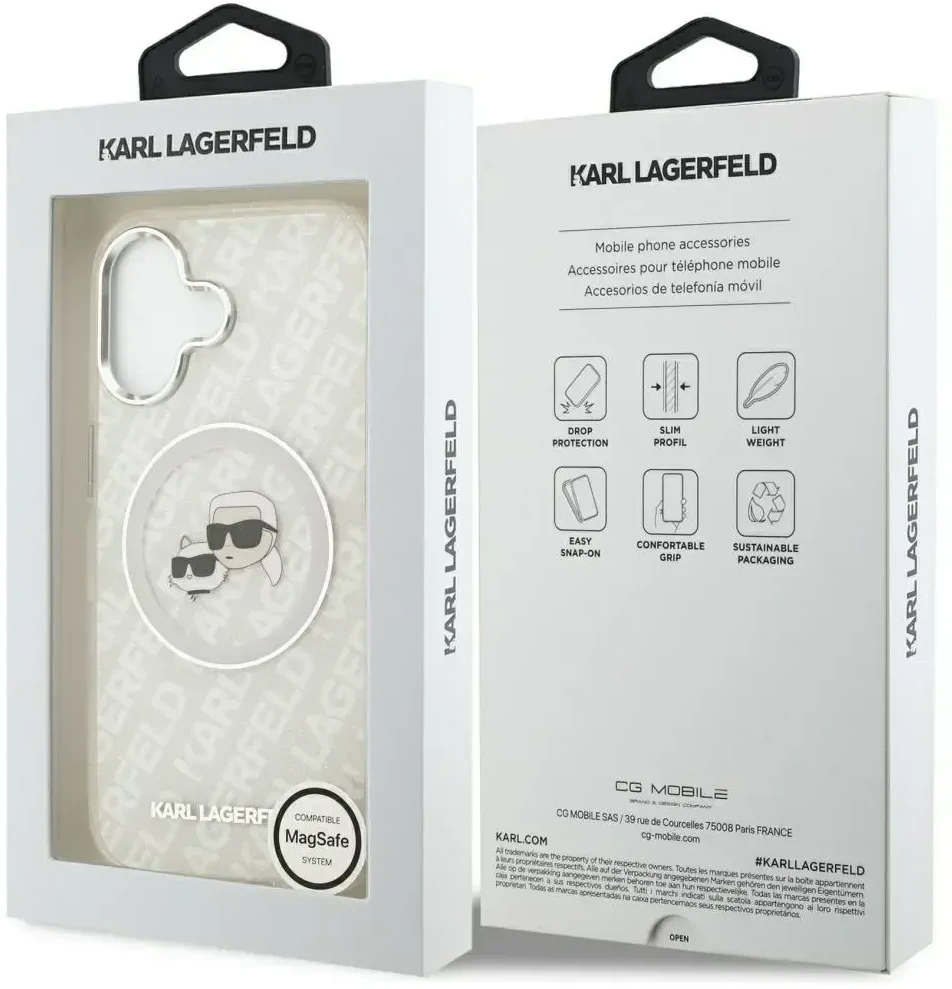 Karl Lagerfeld IML Glitter Karl & Choupette Heads Logo MagSafe dėklas skirtas Apple iPhone 17 pilkos spalvos