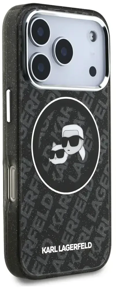 Dėklas Karl Lagerfeld IML Glitter Karl & Choupette Heads Logo MagSafe, skirtas iPhone 17 Pro, juodas