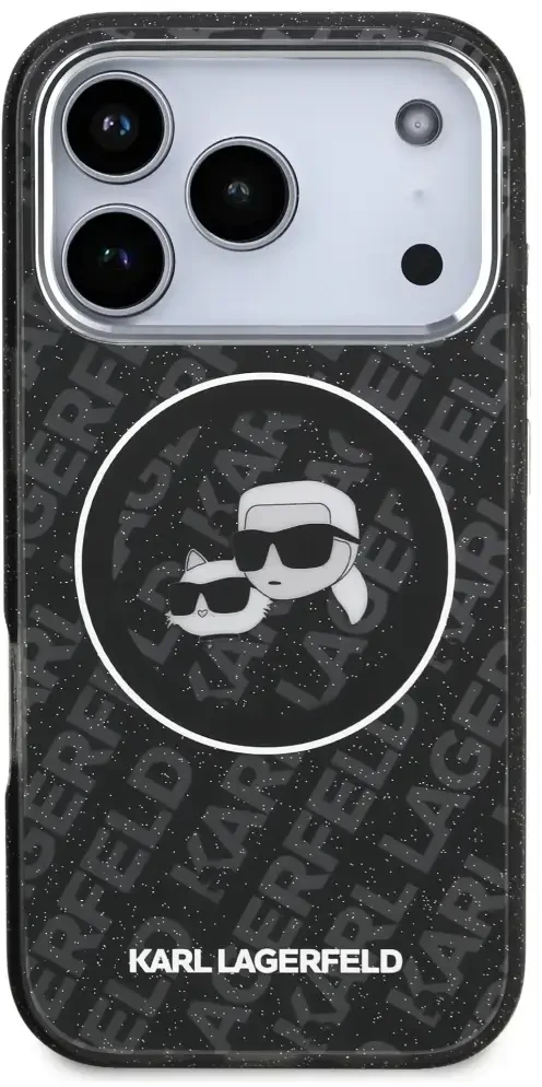 Dėklas Karl Lagerfeld IML Glitter Karl & Choupette Heads Logo MagSafe, skirtas iPhone 17 Pro, juodas