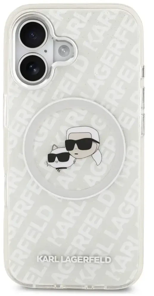 Karl Lagerfeld IML Glitter Karl & Choupette Heads Logo MagSafe dėklas skirtas Apple iPhone 17 pilkos spalvos