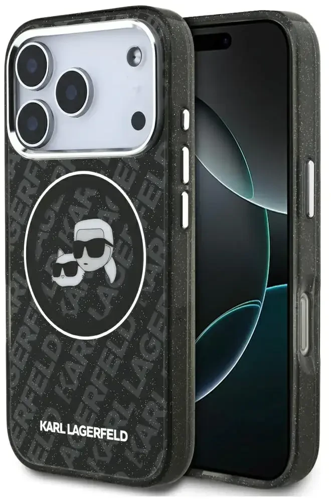Dėklas Karl Lagerfeld IML Glitter Karl & Choupette Heads Logo MagSafe, skirtas iPhone 17 Pro, juodas