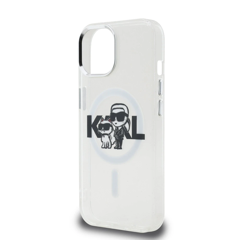 Karl Lagerfeld IML Glitter Karl and Choupette Sketch MagSafe dėklas Apple iPhone 15 skaidrus