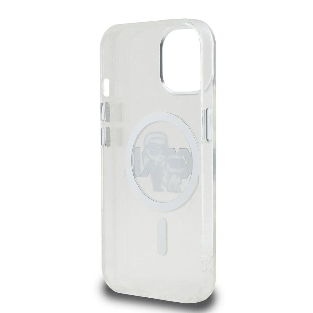 Karl Lagerfeld IML Glitter Karl and Choupette Sketch MagSafe dėklas Apple iPhone 15 skaidrus
