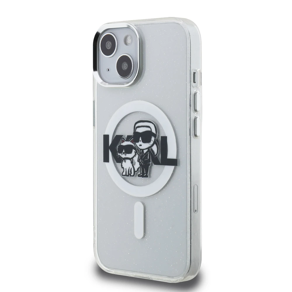 Karl Lagerfeld IML Glitter Karl and Choupette Sketch MagSafe dėklas Apple iPhone 15 skaidrus