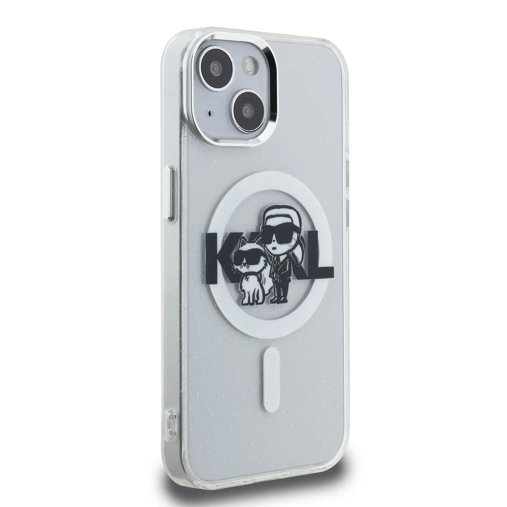 Karl Lagerfeld IML Glitter Karl and Choupette Sketch MagSafe dėklas Apple iPhone 15 skaidrus