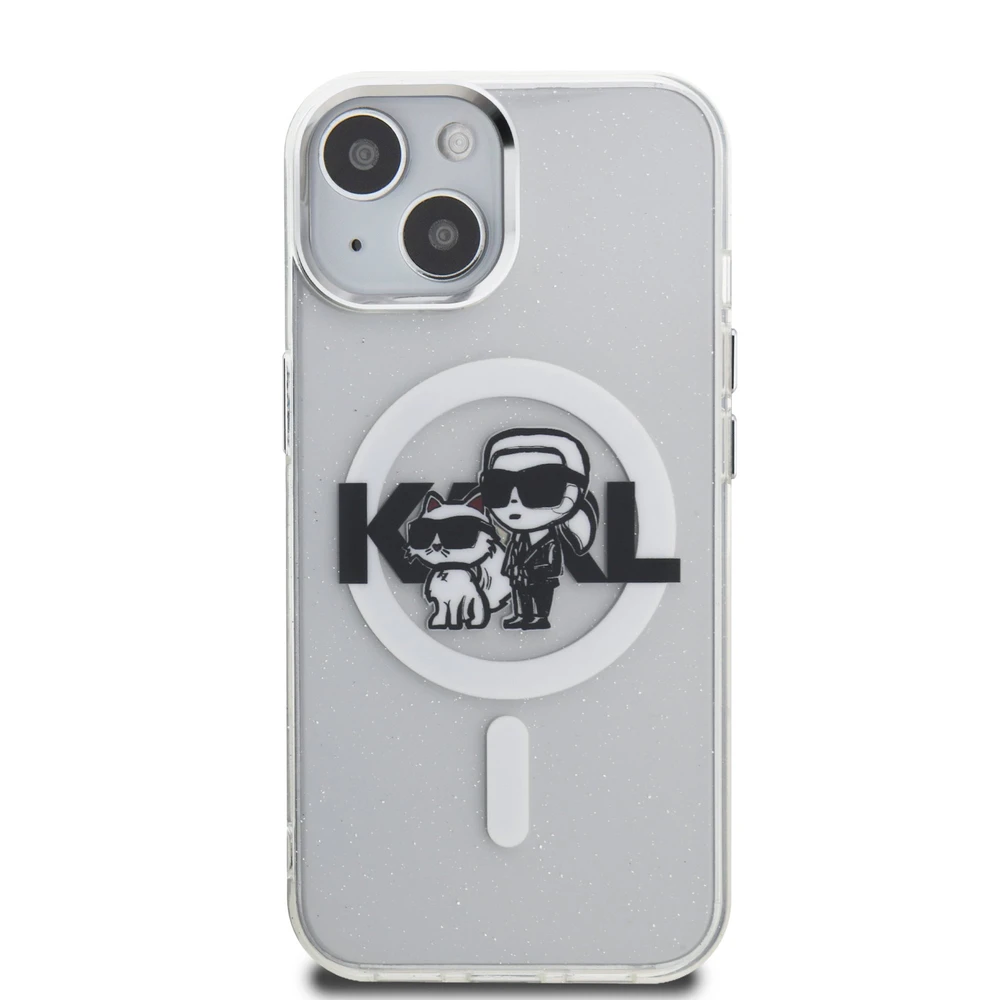 Karl Lagerfeld IML Glitter Karl and Choupette Sketch MagSafe dėklas Apple iPhone 15 skaidrus