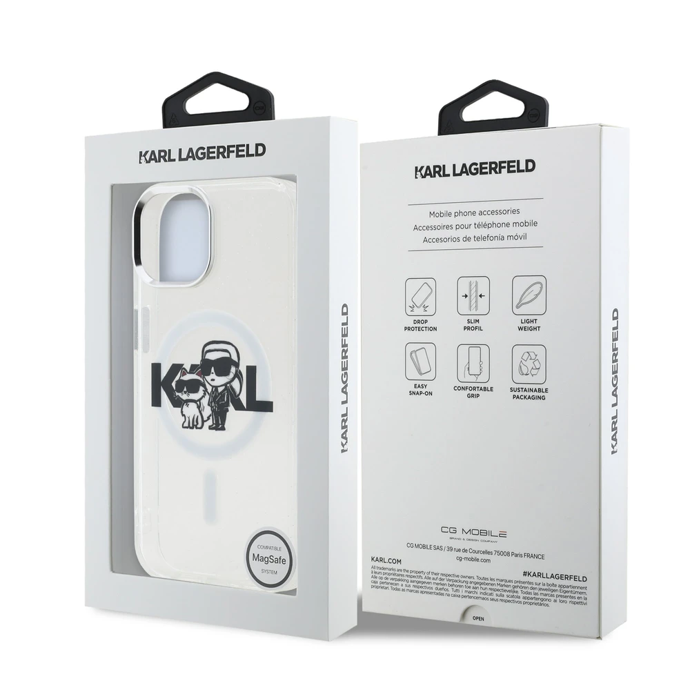 Karl Lagerfeld IML Glitter Karl and Choupette Sketch MagSafe dėklas Apple iPhone 15 skaidrus