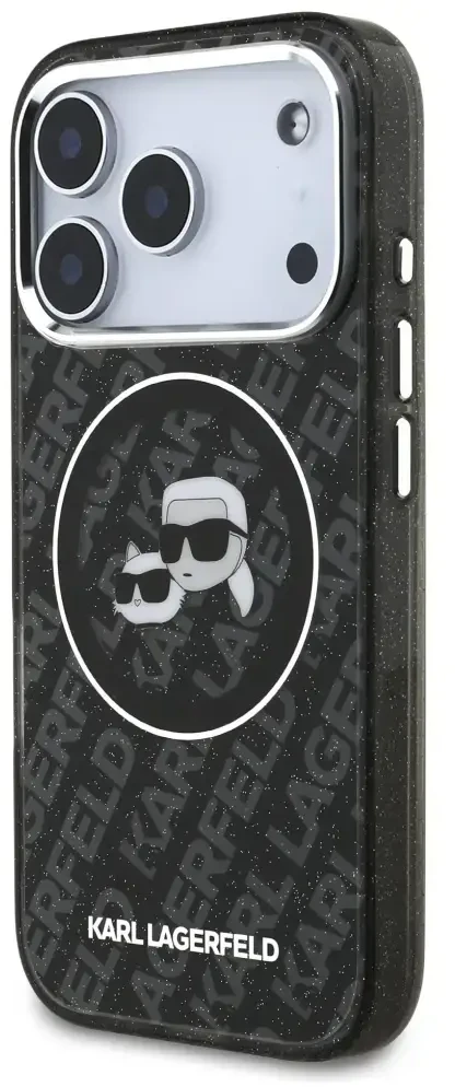 Dėklas Karl Lagerfeld IML Glitter Karl & Choupette Heads Logo MagSafe, skirtas iPhone 17 Pro, juodas