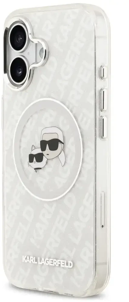 Karl Lagerfeld IML Glitter Karl & Choupette Heads Logo MagSafe dėklas skirtas Apple iPhone 17 pilkos spalvos