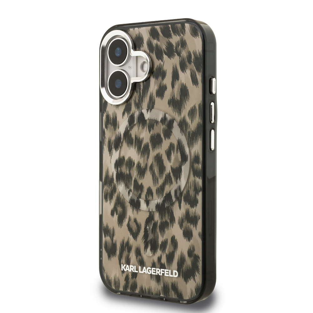 Karl Lagerfeld IML Leopard MagSafe dėklas Apple iPhone 16 rudos spalvos