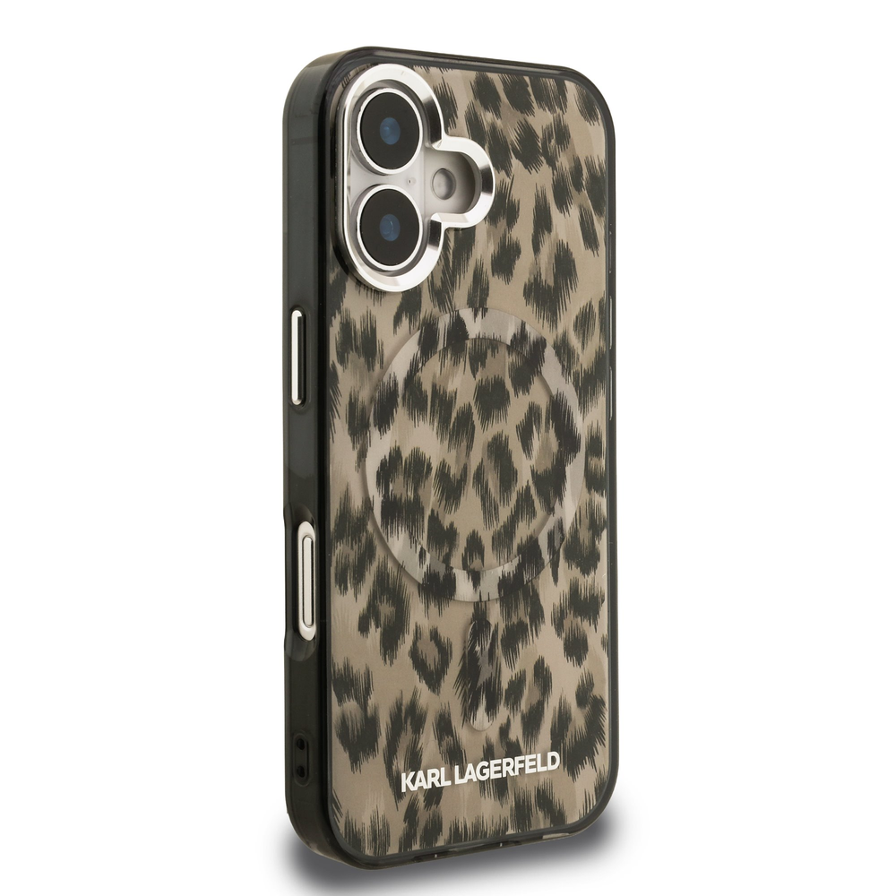 Karl Lagerfeld IML Leopard MagSafe dėklas Apple iPhone 16 rudos spalvos