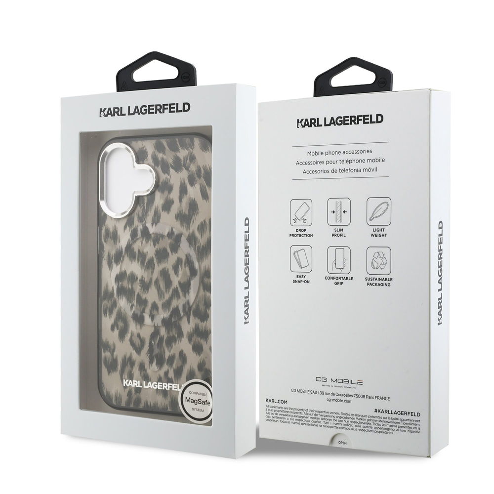 Karl Lagerfeld IML Leopard MagSafe dėklas Apple iPhone 16 rudos spalvos
