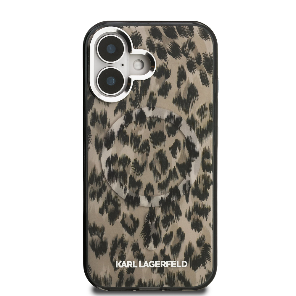 Karl Lagerfeld IML Leopard MagSafe dėklas Apple iPhone 16 rudos spalvos