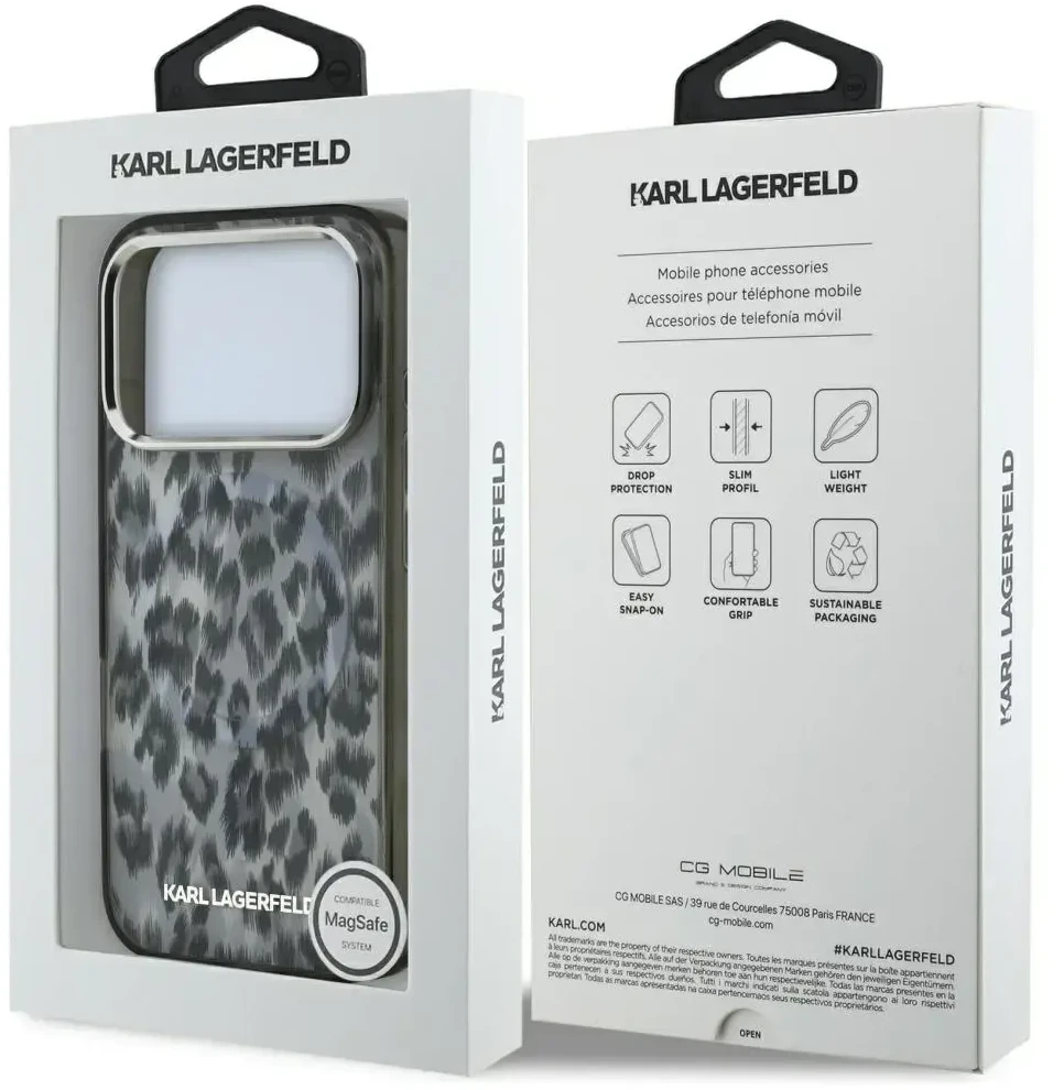Karl Lagerfeld IML Leopard Pattern MagSafe dėklas skirtas Apple iPhone 17 Pro juodos spalvos