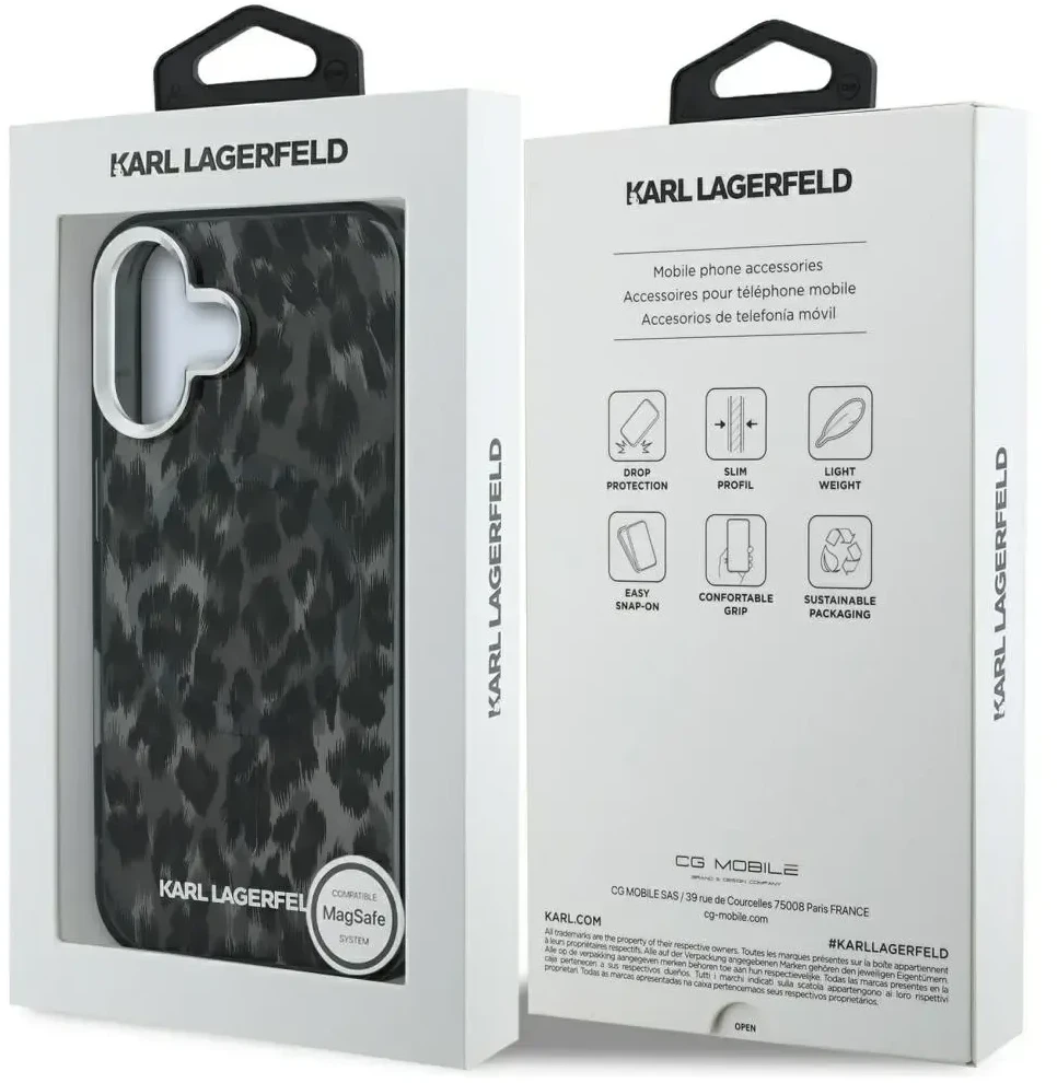 „Karl Lagerfeld IML“ leopardo rašto „MagSafe“ dėklas, skirtas „iPhone 16“ – Juodas