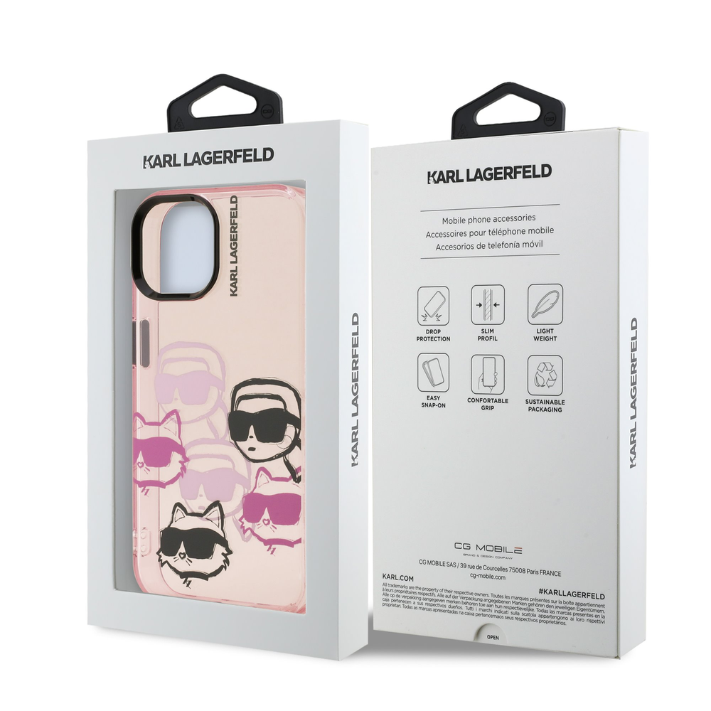 Karl Lagerfeld IML Multi K&CH Heads dėklas Apple iPhone 15 rožinės spalvos