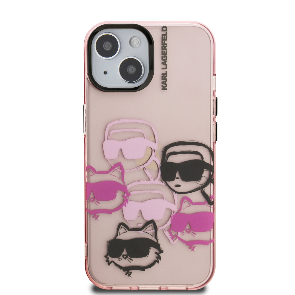 Karl Lagerfeld IML Multi K&CH Heads dėklas Apple iPhone 15 rožinės spalvos