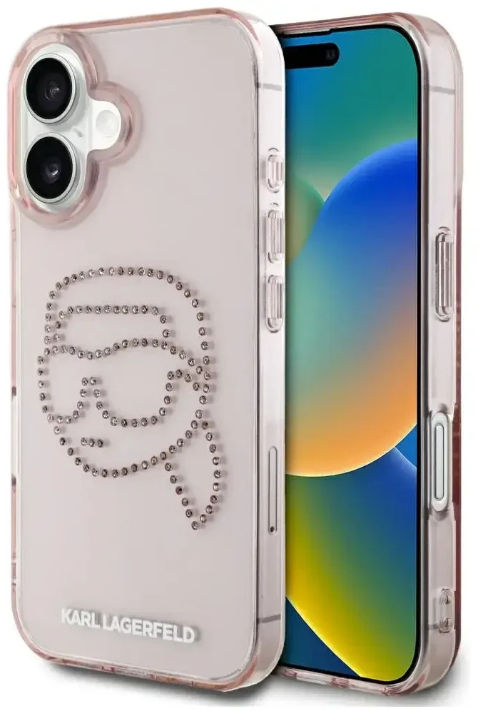 Karl Lagerfeld IML Rhinestones Karl Head Apple iPhone 16 dėklas telefonui rožinės spalvos
