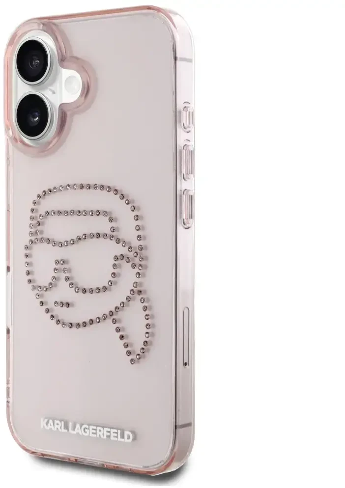 Karl Lagerfeld IML Rhinestones Karl Head Apple iPhone 16 dėklas telefonui rožinės spalvos