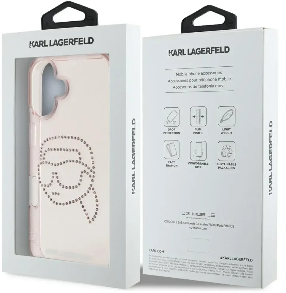 Karl Lagerfeld IML Rhinestones Karl Head Apple iPhone 16 dėklas telefonui rožinės spalvos