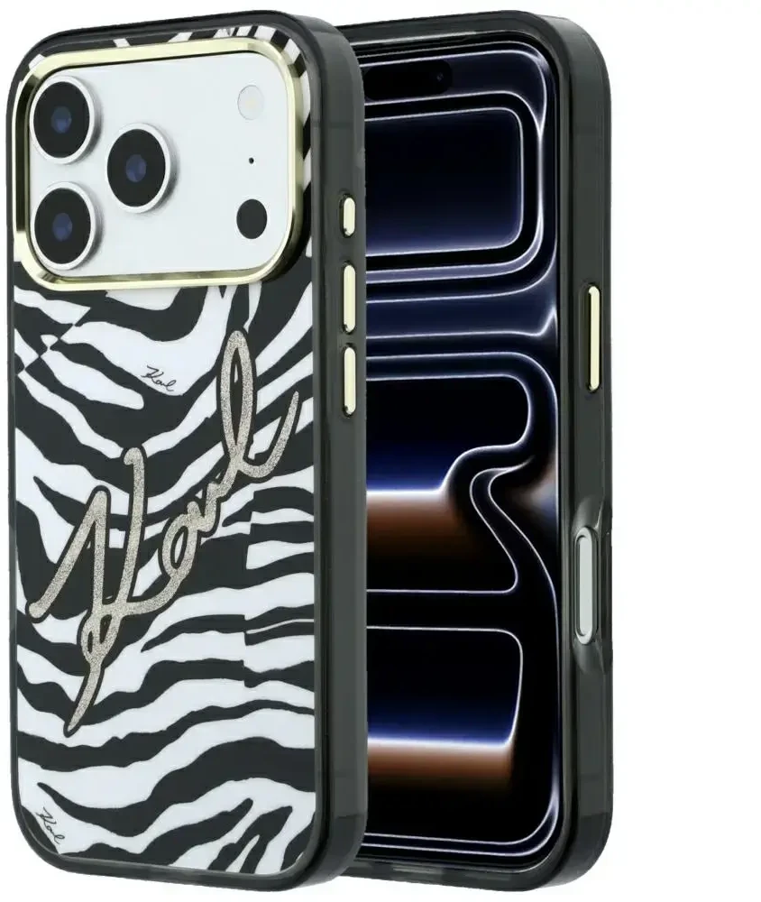Dėklas Karl Lagerfeld IML Signature Zebra Glitter MagSafe Case for iPhone 17 Pro Max / 18 Pro Max - Gold