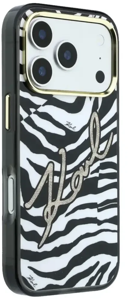 Dėklas Karl Lagerfeld IML Signature Zebra Glitter MagSafe Case for iPhone 17 Pro Max / 18 Pro Max - Gold