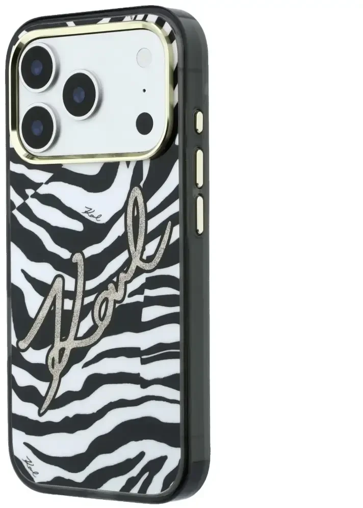 Dėklas Karl Lagerfeld IML Signature Zebra Glitter MagSafe Case for iPhone 17 Pro Max / 18 Pro Max - Gold