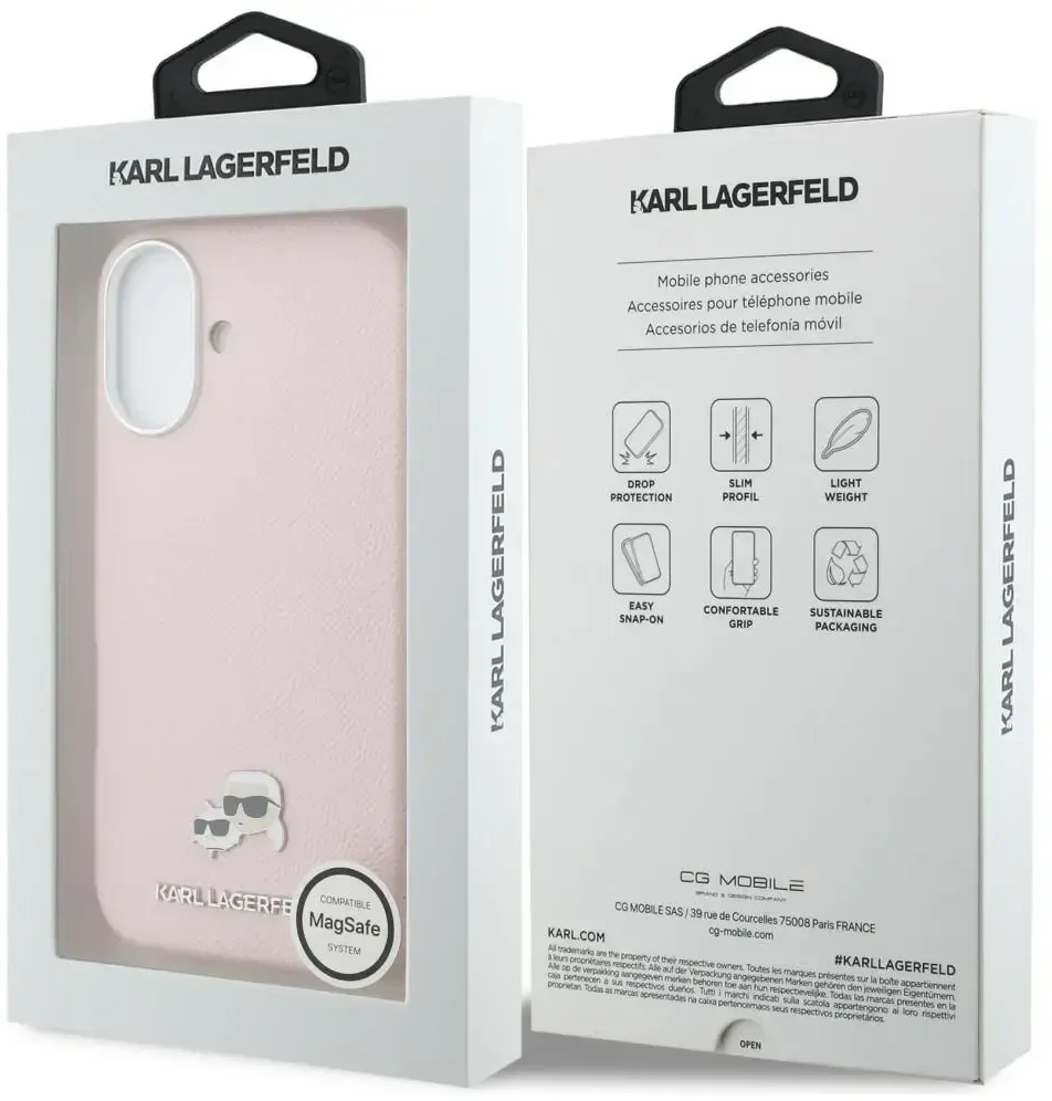 Karl Lagerfeld Karl & Choupette Head Pins Saffiano MagSafe dėklas iPhone 17 - Rožinė