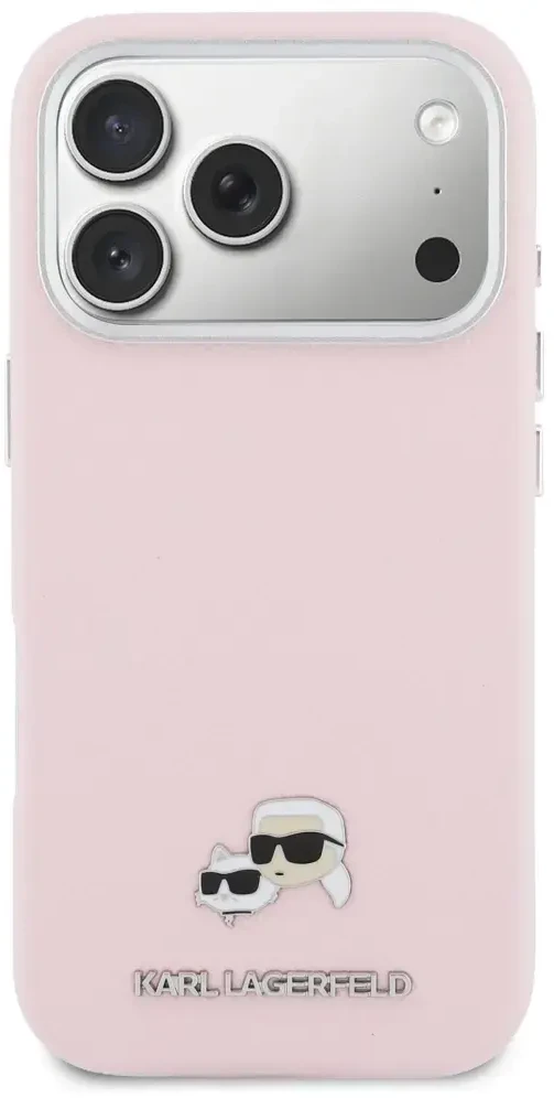 Dėklas Karl Lagerfeld Karl & Choupette Head Pins Saffiano MagSafe Case for iPhone 17 Pro Max - Rožinė