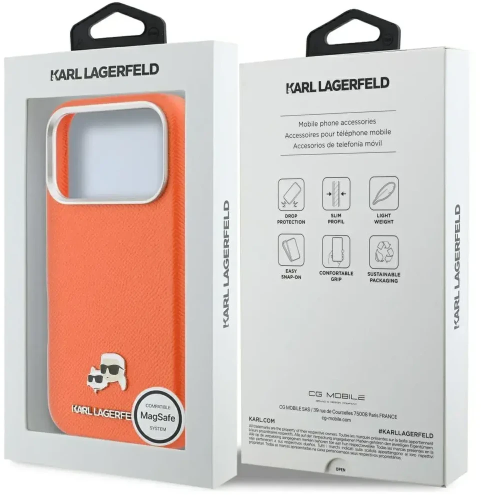 Karl Lagerfeld dėklas, skirtas IPHONE 17 Pro, suderinamas su MagSafe KLHMP17L6PFKCLO (PU FW W/ K&C Head Pin), oranžinis