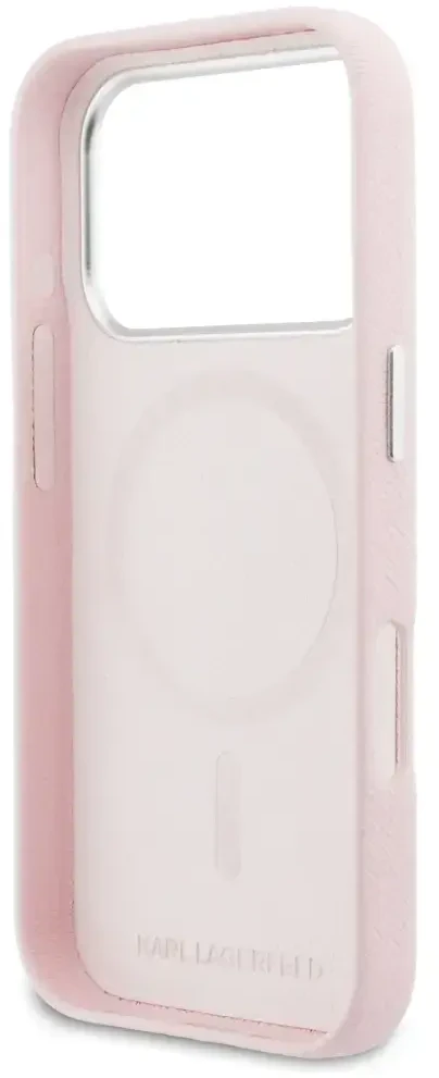 Dėklas Karl Lagerfeld Karl & Choupette Head Pins Saffiano MagSafe Case for iPhone 17 Pro Max - Rožinė