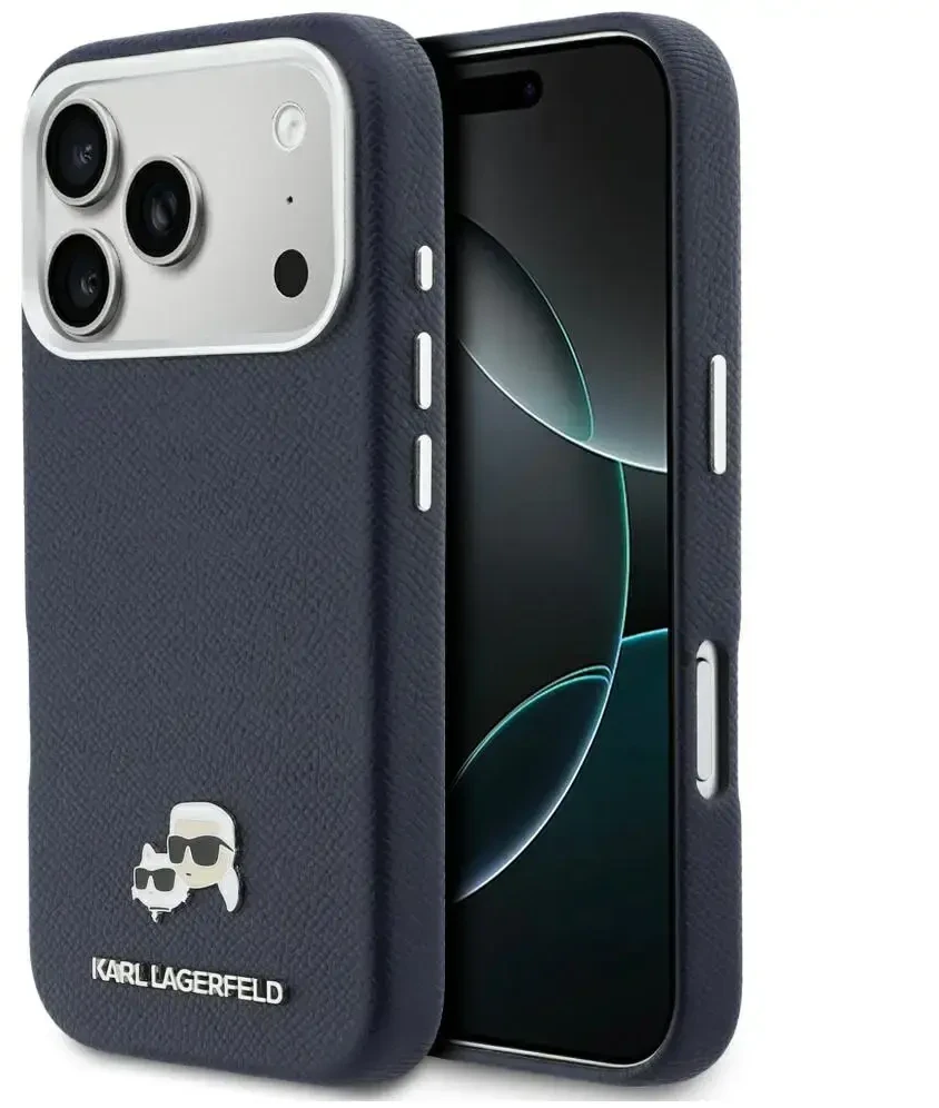 Karl Lagerfeld dėklas, skirtas IPHONE 17 Pro Max, suderinamas su MagSafe KLHMP17X6PFKCLB (PU FW W/ K&C Head Pin) mėlynas