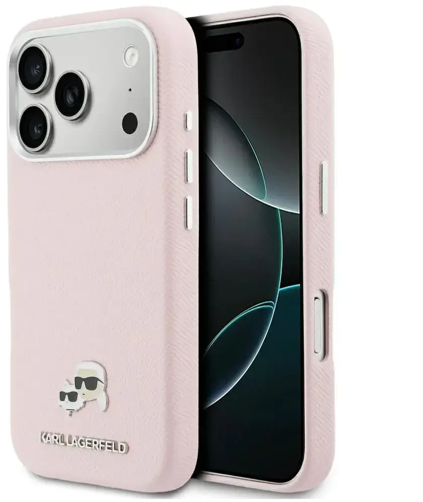 Dėklas Karl Lagerfeld Karl & Choupette Head Pins Saffiano MagSafe Case for iPhone 17 Pro Max - Rožinė