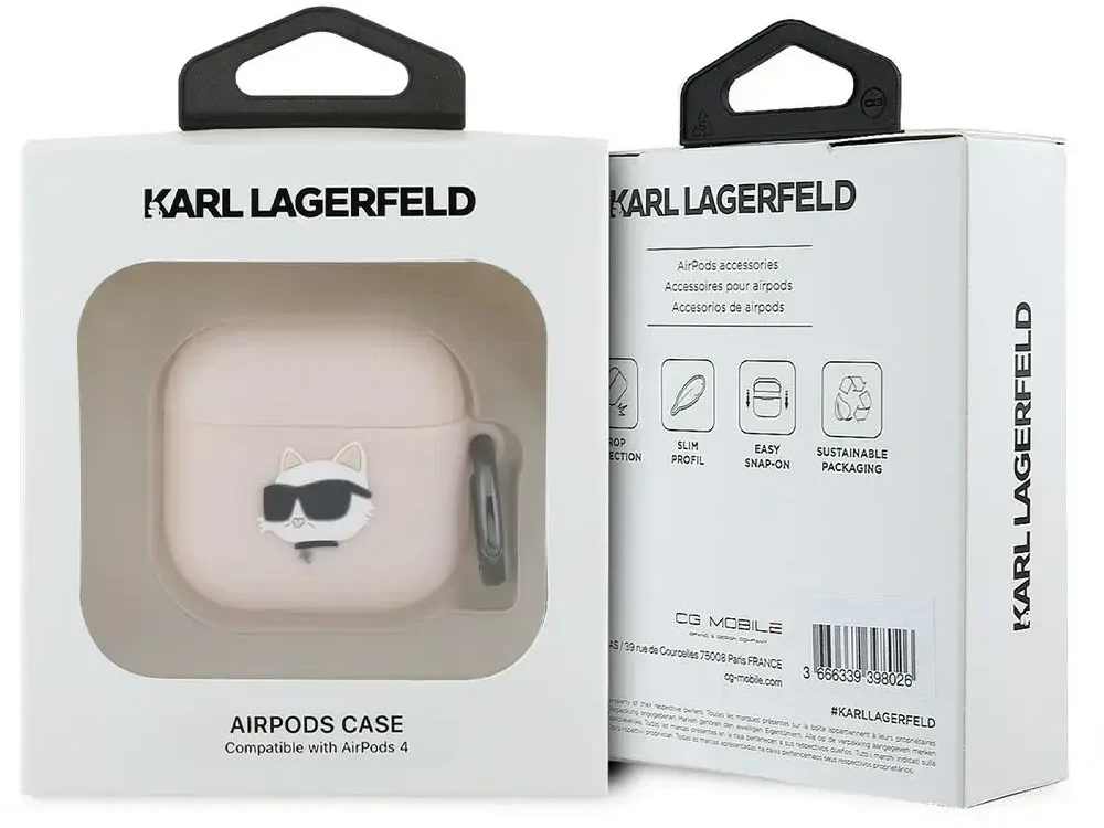 Dėklas Karl Lagerfeld KLA4RUNCHP AirPods 4 cover rožinės spalvos silikoninis Choupette Head 3D