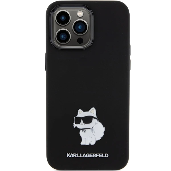 Apple iPhone 15 Pro Karl Lagerfeld silikoninis dėklas Choupette Metal Pin (KLHCP15LSMHCNPK) juodos spalvos