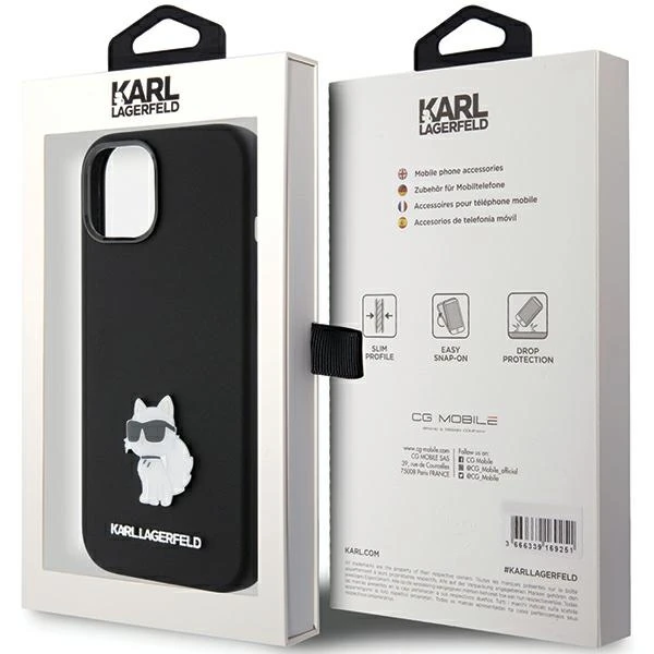 Dėklas Karl Lagerfeld Silicone Choupette Metal Pin - Apple iPhone 15 Case Juodas