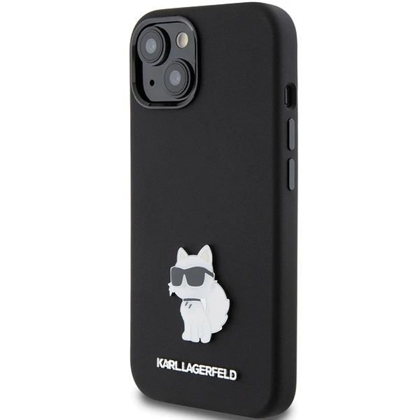 Dėklas Karl Lagerfeld Silicone Choupette Metal Pin - Apple iPhone 15 Case Juodas