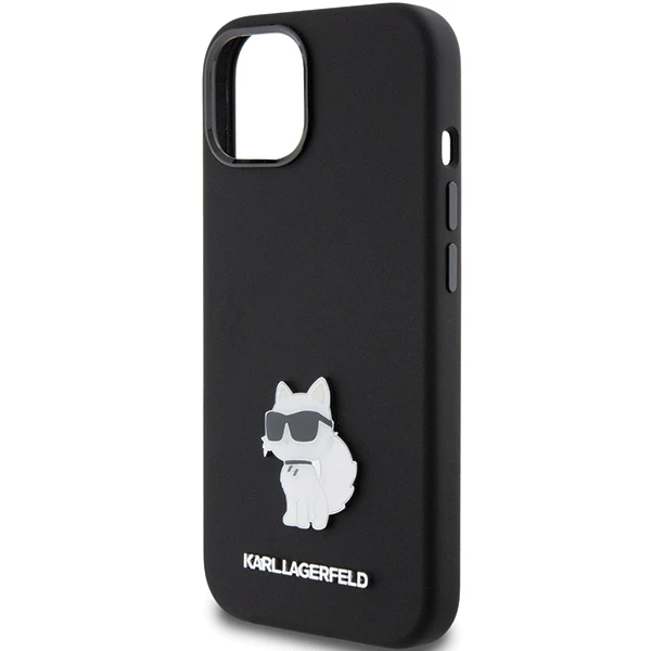 Dėklas Karl Lagerfeld Silicone Choupette Metal Pin - Apple iPhone 15 Case Juodas