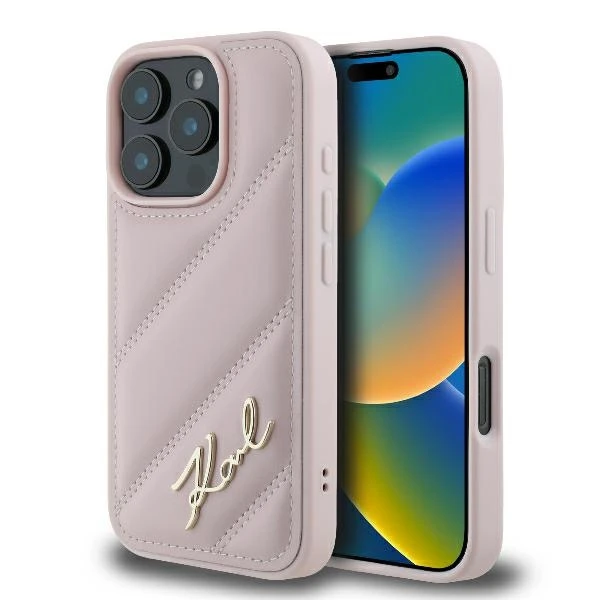 Karl Lagerfeld KLHCP16LPQDSMGP iPhone 16 Pro 6.3″ rožinės spalvos kietas dėklas Quilted Signature