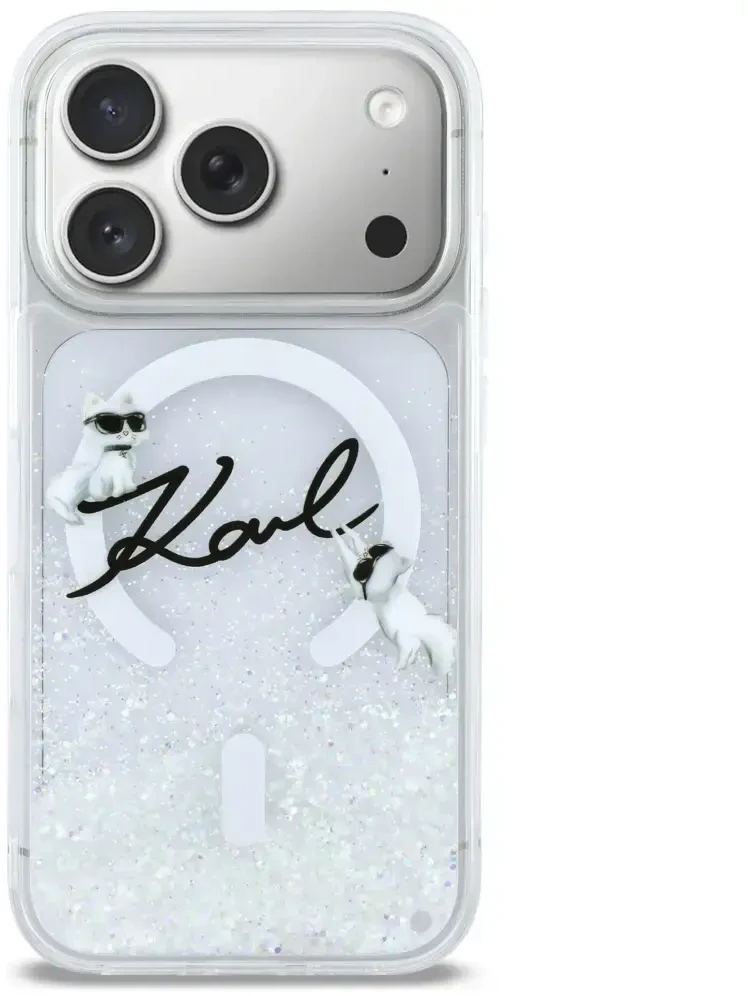 „Karl Lagerfeld“ skysto blizgučio „Karl Script“ logotipo „MagSafe“ dėklas, skirtas „iPhone 17 Pro“ – skaidrus