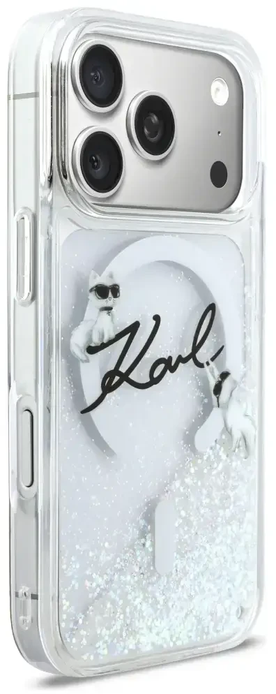 „Karl Lagerfeld“ skysto blizgučio „Karl Script“ logotipo „MagSafe“ dėklas, skirtas „iPhone 17 Pro“ – skaidrus
