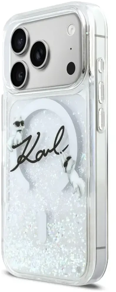 „Karl Lagerfeld“ skysto blizgučio „Karl Script“ logotipo „MagSafe“ dėklas, skirtas „iPhone 17 Pro“ – skaidrus