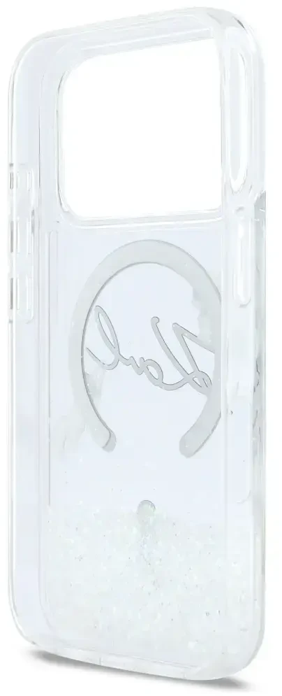 „Karl Lagerfeld“ skysto blizgučio „Karl Script“ logotipo „MagSafe“ dėklas, skirtas „iPhone 17 Pro“ – skaidrus