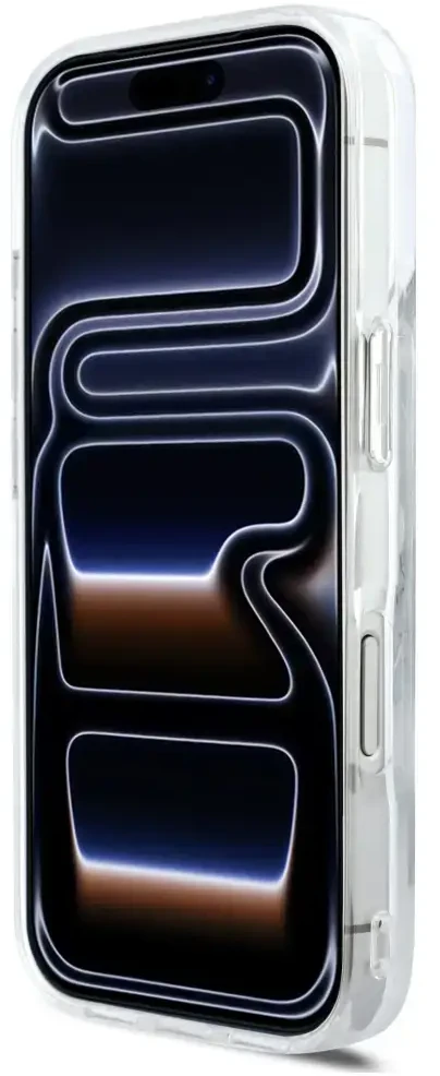 „Karl Lagerfeld“ skysto blizgučio „Karl Script“ logotipo „MagSafe“ dėklas, skirtas „iPhone 17 Pro“ – skaidrus