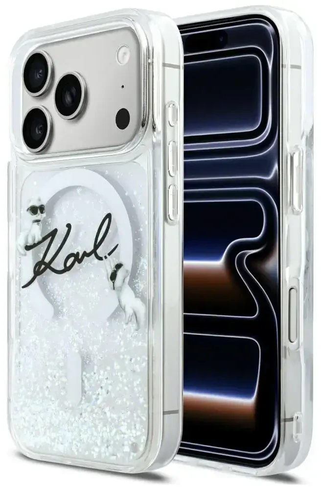 „Karl Lagerfeld“ skysto blizgučio „Karl Script“ logotipo „MagSafe“ dėklas, skirtas „iPhone 17 Pro“ – skaidrus