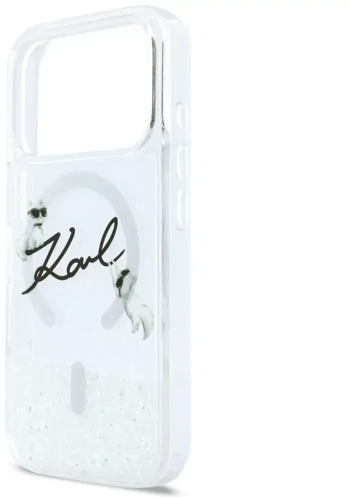 „Karl Lagerfeld“ skysto blizgučio „Karl Script“ logotipo „MagSafe“ dėklas, skirtas „iPhone 17 Pro“ – skaidrus