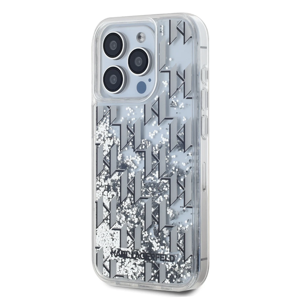 Karl Lagerfeld Liquid Glitter Monogram Gradient dėklas telefonui Apple iPhone 15 Pro Max baltos spalvos
