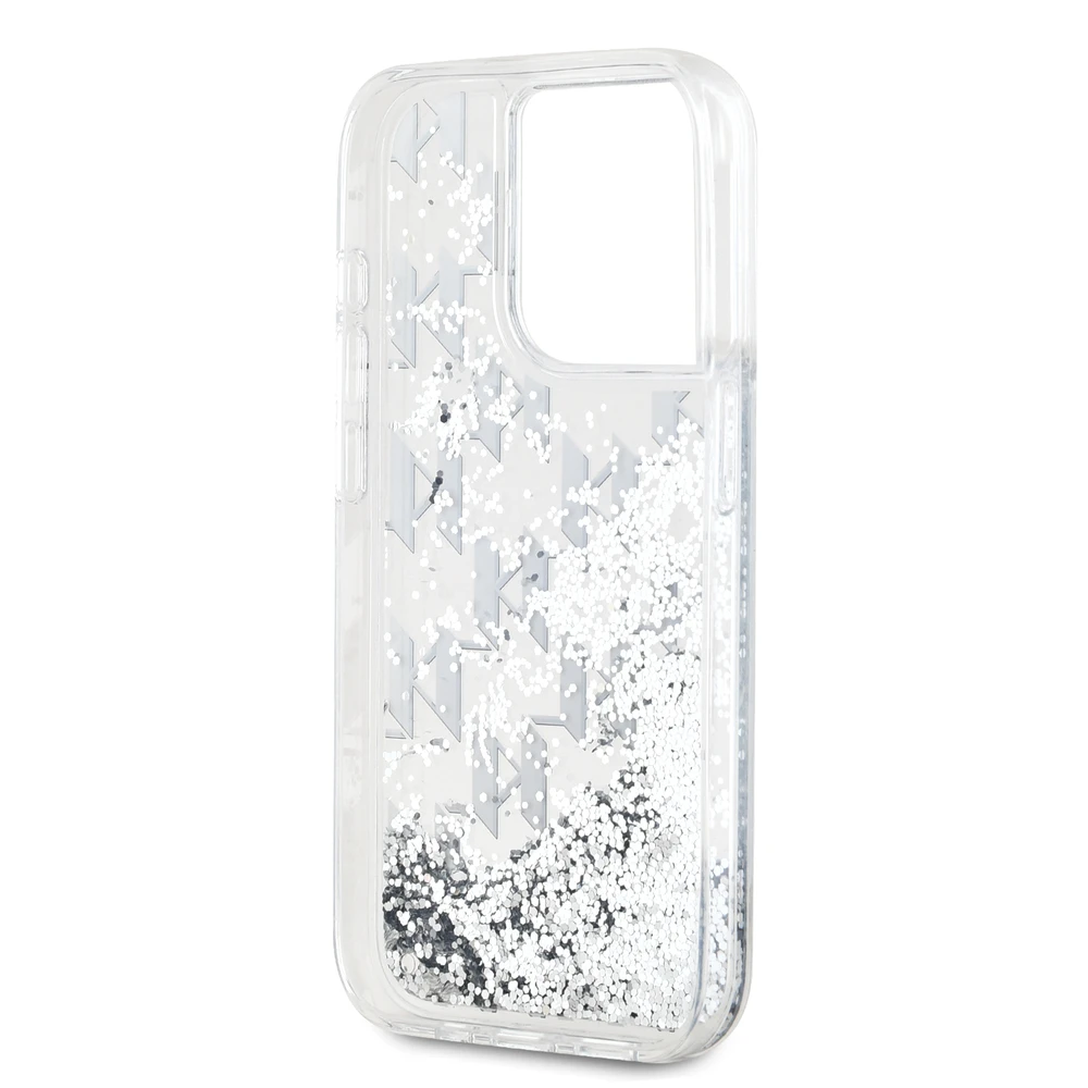 Karl Lagerfeld Liquid Glitter Monogram Gradient dėklas telefonui Apple iPhone 15 Pro Max baltos spalvos