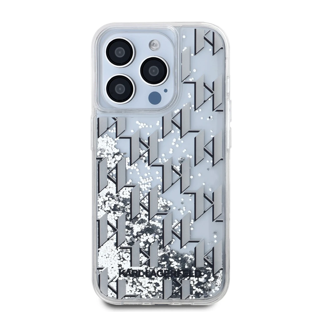 Karl Lagerfeld Liquid Glitter Monogram Gradient dėklas telefonui Apple iPhone 15 Pro Max baltos spalvos