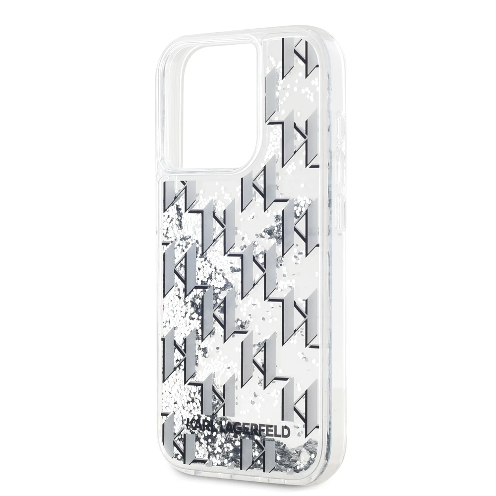 Karl Lagerfeld Liquid Glitter Monogram Gradient dėklas telefonui Apple iPhone 15 Pro Max baltos spalvos